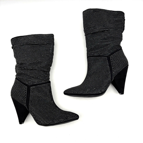 Vintage Y2K Report 'CASI' Black Faux Suede Rhinestone Block Heel Slouchy Boots 6 - Picture 13 of 15